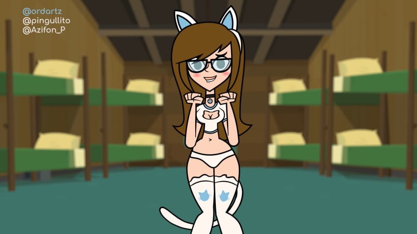 1girls ally_(disventure_camp) ass azifon_ping big_ass big_breasts brown_hair camp cat_ears cat_lingerie cat_tail catgirl cleavage_cutout crop_top dancer disventure_camp female female_focus female_only glasses green_eyes lenceria lingerie long_hair midriff mr._ordz navel panties short_sleeves thighhighs thighs underwear_only white_panties white_skin