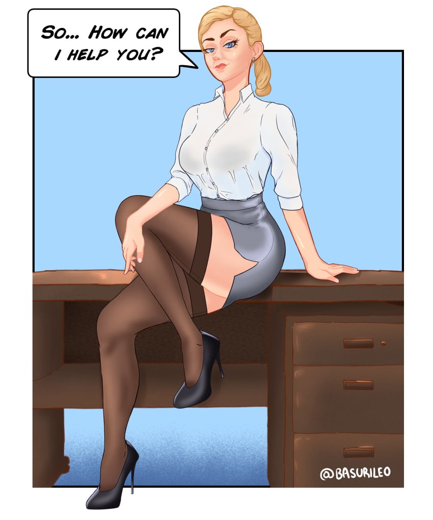 adult better_call_saul blonde_female blonde_hair blonde_hair blue_eyes desk female female_focus female_only high_heels human human_female kim_wexler office office_lady pencil_skirt ponytail stockings suggestive suggestive_look white_shirt white_skin