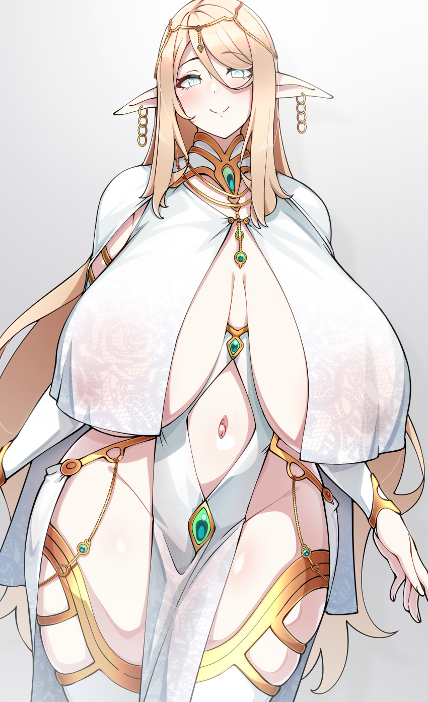 1girls big_breasts blonde_hair breast_curtains earrings elf elf_ears elf_princess_(konoshige) female female_only gigantic_breasts konoshige_(ryuun) light_blush milf necklace original revealing_clothes ryuun_(stiil) silver_eyes solo solo_female suggestive tagme tiara