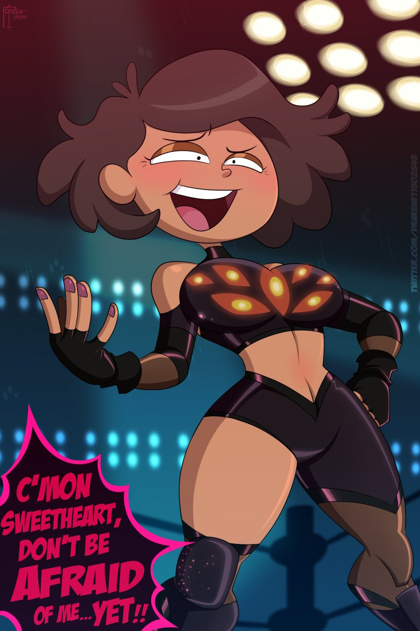 1girls amphibia artist_name big_breasts brown_hair core_(amphibia) dark-skinned_female dialogue disney disney_channel disney_xd female female_only great_dude luchadora milf mrs._boonchuy oum_boonchuy solo speech_bubble straight_hair tagme text wrestler wrestling_outfit wrestling_ring