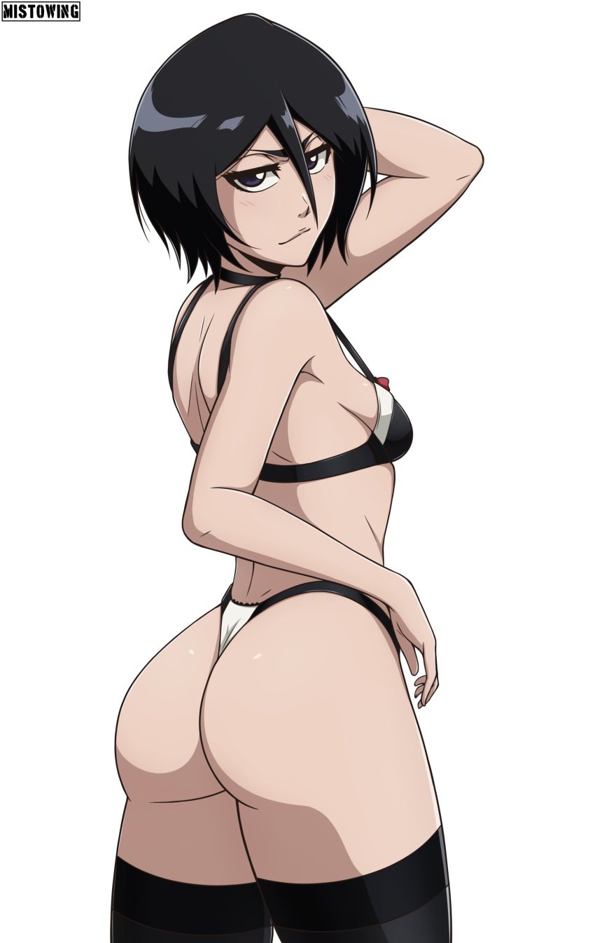 1girls ass black_hair bleach breasts eye_contact female female_focus female_only kuchiki_rukia legwear looking_at_viewer looking_back mistowing short_hair small_breasts solo standing thick_thighs thighhighs thighs thong thong_bikini