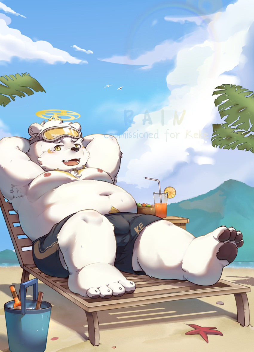 2022 anthro belly big_belly bottomwear bulge clothing cloud detailed_background distracting_watermark hi_res kemono male mammal moobs morain_xs mountain navel nipples outside overweight overweight_male palm_tree plant polar_bear shorts solo tree ursid ursine watermark