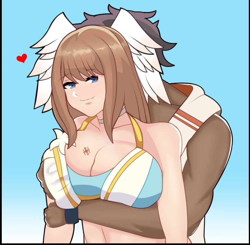 1boy 1girls big_breasts breast_grab cleavage dark-skinned_male djames eunie_(xenoblade) foreplay groping_breasts groping_from_behind groping_under_clothes head_wings heart hugging hugging_from_behind large_breasts light-skinned_female love smile swimsuit swimwear taion_(xenoblade) wholesome xenoblade_(series) xenoblade_chronicles_(series) xenoblade_chronicles_3