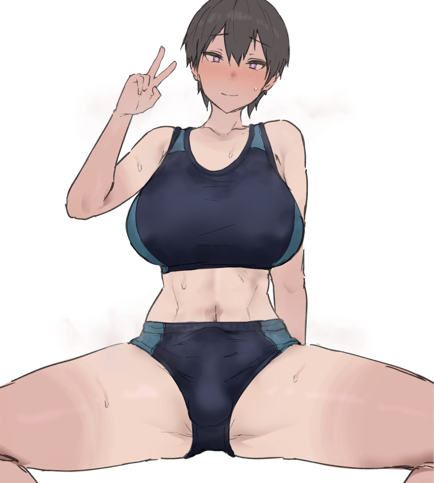 big_breasts bulge buruma futanari short_hair sitting sports_bra sweat tanline track_and_field v very_short_hair white_hair yagi_764364