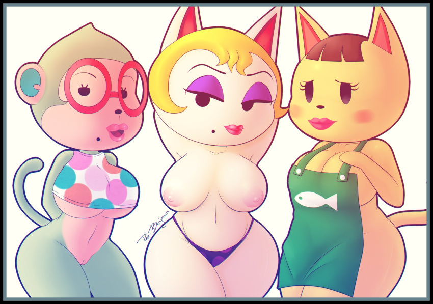 3girls animal_crossing apron blonde_hair blue_fur blush bottomless brown_hair elise_(animal_crossing) eyelashes eyeshadow feline female female_only glasses kaitlin_(animal_crossing) large_breasts lipstick mature_female mature_ladies mole mole_under_eye mole_under_mouth monique_(animal_crossing) monkey multiple_girls nintendo nude_apron open_mouth polka_dot_panties purple_panties pussy redbenjamin short_hair tail tan_fur topless white_fur wide_hips