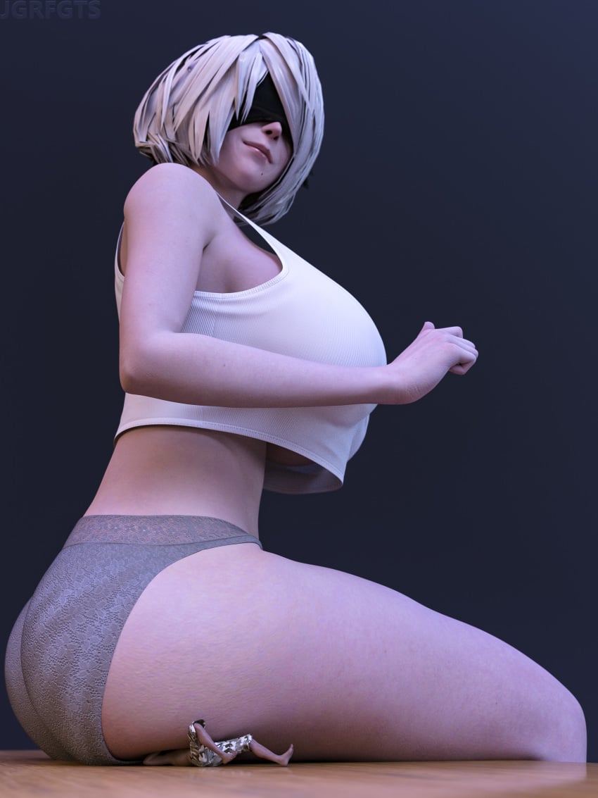 1boy 1girls 3d ass big_ass big_breasts blindfold breasts butt_crush clothing female female_focus giantess huge_ass huge_breasts jgrfgts light-skinned_female light-skinned_male light_skin macro male micro nier nier:_automata short_hair shrunk shrunken_male solo_female trapped trapped_under_ass white_hair yorha_2b