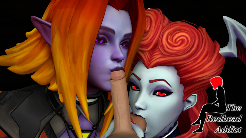 1boy 2girls 3d collaborative_fellatio eye_contact fellatio holding_testicles hot_shot_saati lillith_(paladins) long_hair looking_at_viewer multiple_girls orange_hair paladins pale_skin pointy_ears pov pov_male purple-skinned_female purple_eyes purple_skin red_eyes red_hair saati_(paladins) sucking sucking_penis sucking_testicles teamwork the_redhead_addict vampire wings