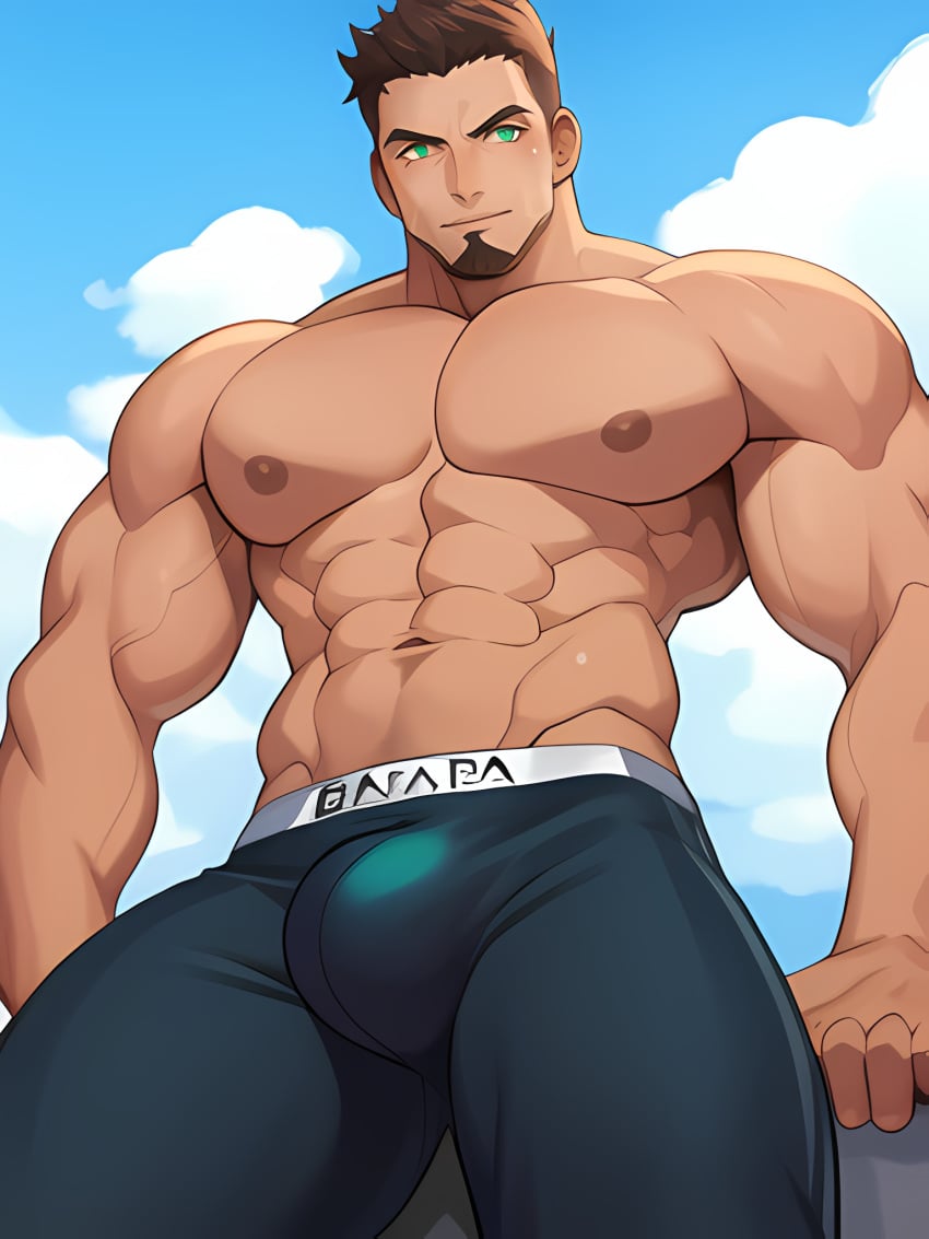 1boy abs ai_generated bara bare_pectorals biceps body_hair brown_hair bulge chest_hair cloud cloudy_sky facial_hair feet_out_of_frame goatee green_eyes happy_sex large_pectorals long_sideburns male_focus male_only male_swimwear mature_male muscular muscular_male navel nipples pants pectorals short_hair sideburns sky sole_male solo solo_male stable_diffusion stomach thick_thighs thigh_cutout thighs tied_hair tight tight_pants topless_male underwear underwear_only veins