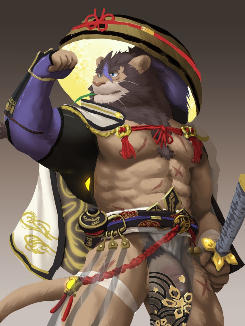 abs absurd_res anthro armor asian_clothing balls bottomwear brown_body brown_fur clothing clothing_aside east_asian_clothing felid flaccid fundoshi fundoshi_aside fur genitals hat headgear headwear hi_res japanese_clothing katana lifewonders lion live-a-hero loincloth male male_only mammal melee_weapon muscular muscular_anthro muscular_male pantherine pecs penis redwolfalang samurai scar solo straw_hat sword toshu_(live_a_hero) translucent translucent_clothing unconvincing_armor underwear underwear_aside video_games warrior weapon