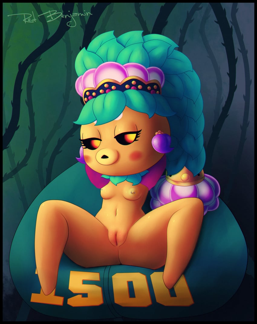 bean_bag black_sclera blush brown_skin deku_princess deku_scrub eyelashes leaf_hair majora's_mask medium_breasts nintendo no_humans orange_eyes plant_girl ponytail pussy redbenjamin spread_legs the_legend_of_zelda thick_thighs vines