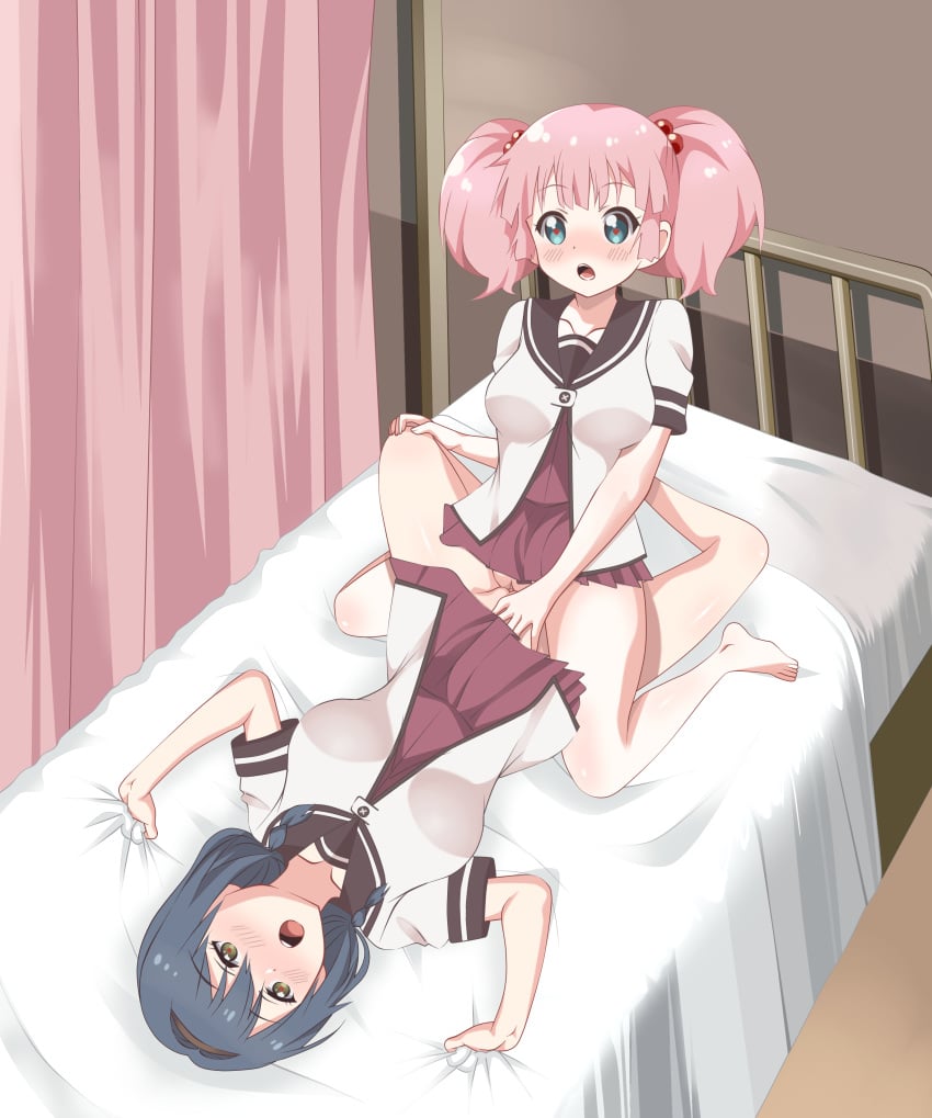 2girls absurdres achmad_faisal blue_eyes blue_hair breasts clothed_sex dress furutani_himawari green_eyes heart heart-shaped_pupils highres indoors large_breasts multiple_girls nanamori_school_uniform on_bed pink_hair pussy sailor_dress school_uniform second-party_source serafuku short_sleeves symbol-shaped_pupils tribadism twintails uncensored yoshikawa_chinatsu yuri yuru_yuri