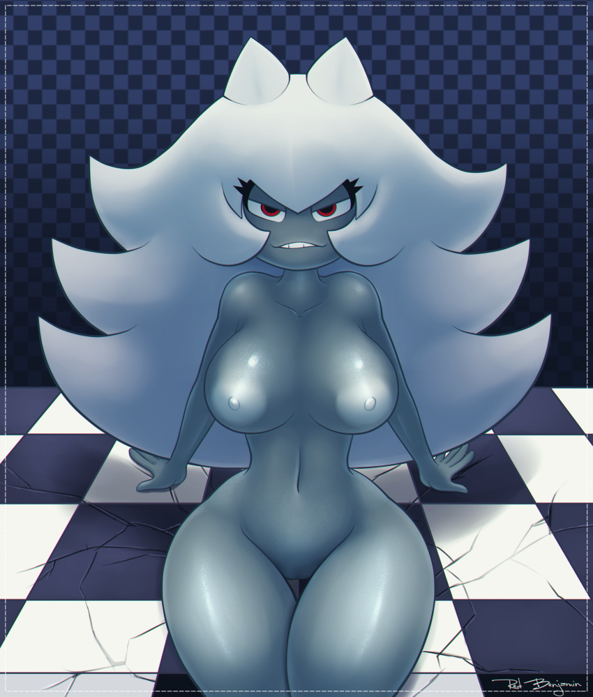 anthro checkered_background cracked_ground eyelashes female grey_skin heavy large_breasts long_hair mario_(series) red_eyes redbenjamin rule_63 solo super_mario_bros._3 thwomp thwomp_girl white_hair wide_hips