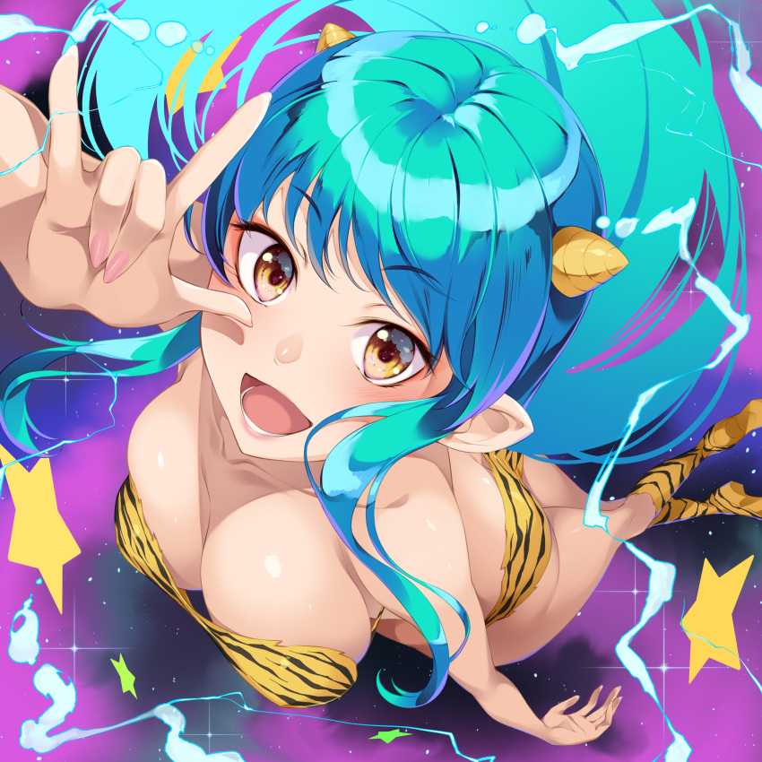 animal_print aqua_hair bikini blue_hair breasts brown_eyes cleavage female horns long_hair looking_at_viewer lum medium_breasts mukunokino_isshiki oni_horns open_mouth smile solo strapless strapless_bikini strapless_swimsuit swimsuit tagme teeth tiger_print urusei_yatsura