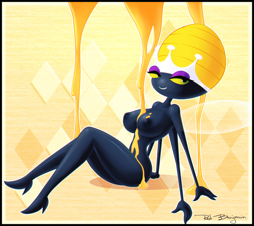 black_hair black_skin crown eyeshadow female food hanna-barbera honey honey_on_breasts insect_girl multi_arm multi_limb nude queen_bea redbenjamin secret_squirrel_show sitting smile solo yellow_eyes