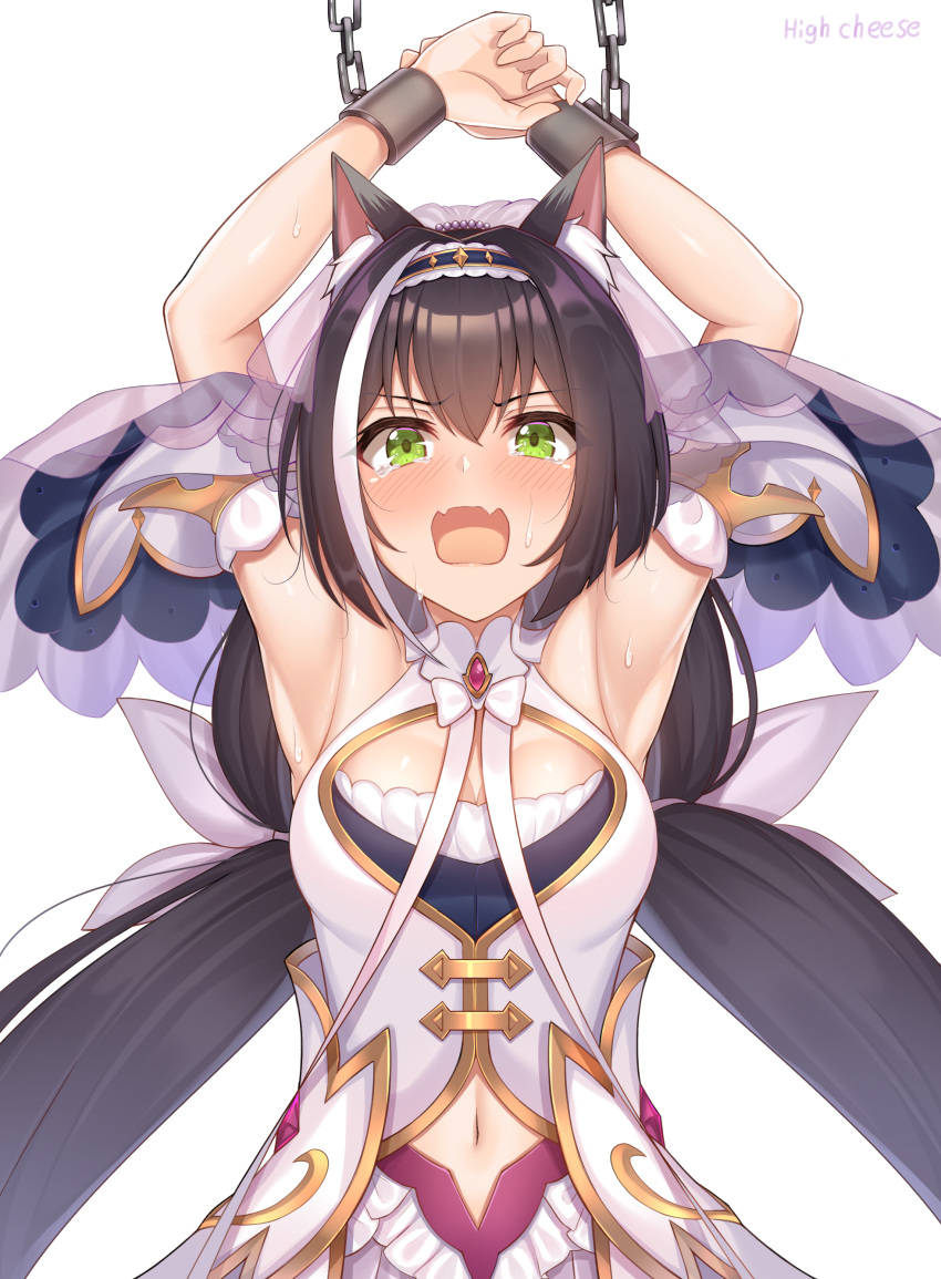 1girls absurd_res animal_ear_fluff animal_ears armpit armpits bangs black_hair blush breasts cat_ears chained chained_wrists chains chains cleavage dress exposed_armpits fangs green_eyes hair_between_eyes hair_ornament hairband highres karyl_(princess_connect!) komainu_(yamaha1997) kyaru_(princess_connect) long_hair looking_at_viewer medium_breasts navel oerba_yun_fang open_mouth princess_connect! princess_connect!_re:dive simple_background skin_fang solo sweat sweatdrop sweaty_armpits tears upper_body white_background