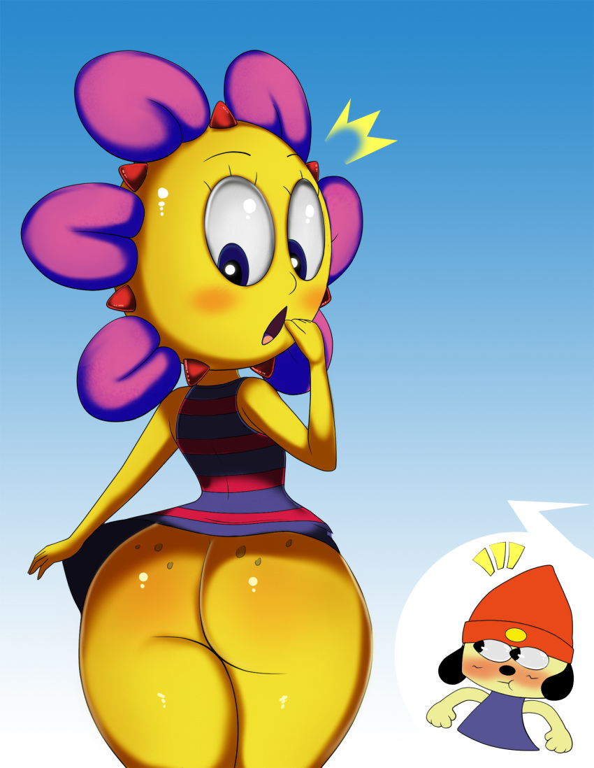 :o ass blue_eyes bottomless eyelashes no_humans parappa parappa_the_rapper pink_petals plant_girl plantigrade purple_eyes redbenjamin sleeveless_shirt striped_shirt sunny_funny surprised yellow_skin