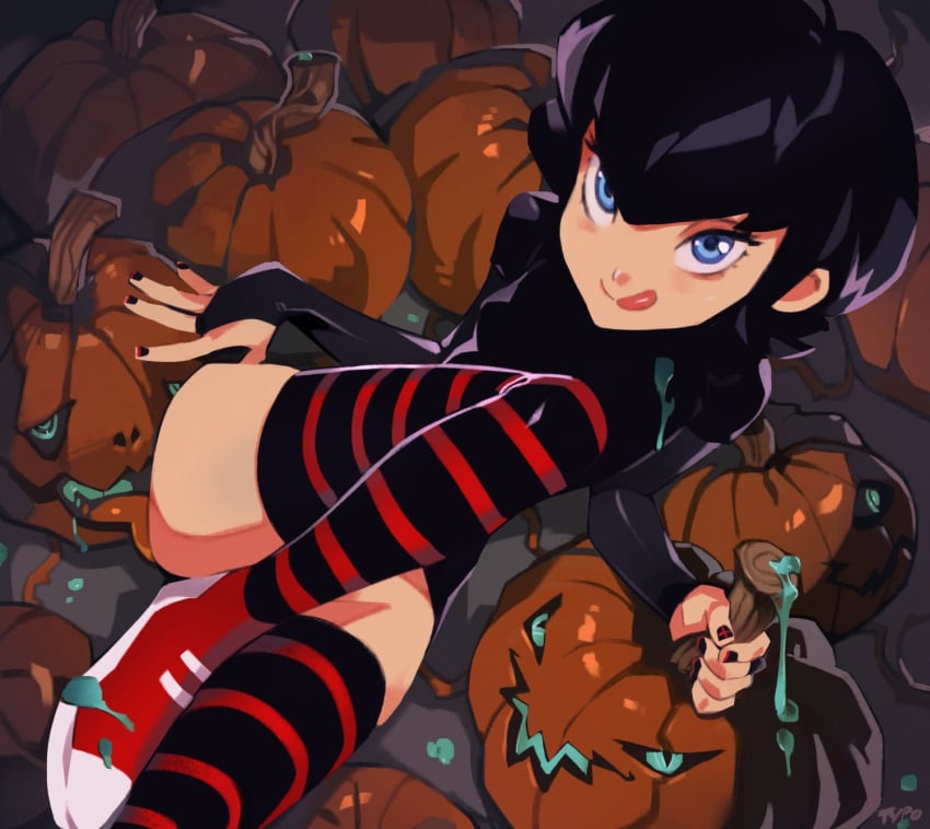 1girls 2d black_hair black_nails blue_eyes bottomless color female female_only fingernails halloween handjob hotel_transylvania humanoid looking_at_viewer mavis_dracula milf nail_polish not_cum optionaltypo pumpkin pumpkin_patch shoes skinny small_breasts solo solo_female sony_pictures_animation striped_panties striped_stockings striped_thighhighs thighhighs tongue tongue_out vampire