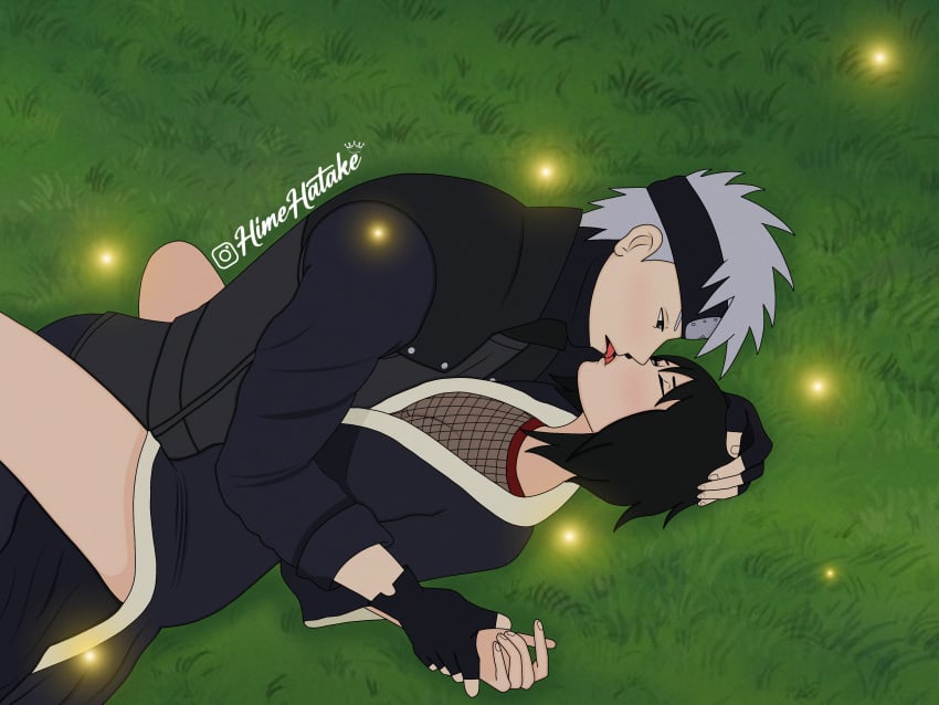 1boy1girl bare_legs between_legs black_eyes black_hair breasts duo duo_focus eyes_closed fireflies grass half-closed_eyes hand_on_head hatake_kakashi himehatake holding_hands implied_sex kimono kissing long_hair looking_at_partner lying_down lying_on_back male/female mesh mesh_shirt missionary missionary_position naruto naruto:_the_last naruto_(series) naruto_shippuden passionate romantic romantic_couple see-through see-through_clothing shirt shizune short_hair silver_hair spiky_hair straight tongue unmasked vest wrist_grab