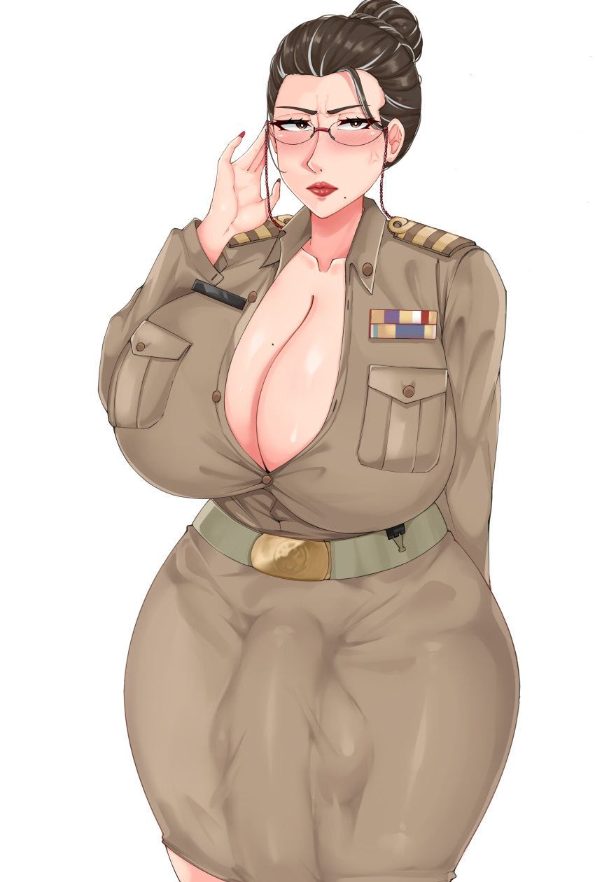 1futa amonraht_(pondbs) balls big_balls breasts bulge bulge_down_leg cleavage clothed clothing flaccid futa_only futanari gigantic_breasts glasses huge_breasts huge_cock human light-skinned_futanari light_skin military military_uniform mole mole_on_breast pencil_skirt penis pondbs solo solo_futa standing thick_thighs tight_clothing voluptuous wide_hips