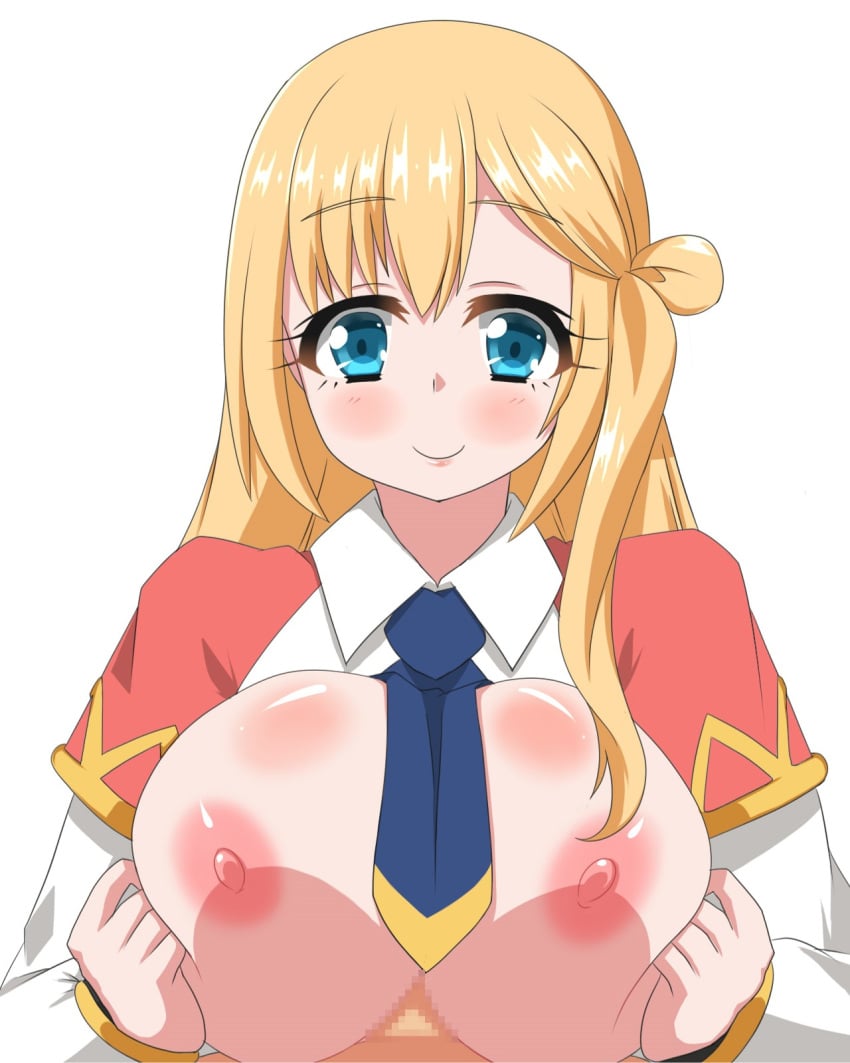 2022 areola blonde_hair blue_eyes blush boobjob breast_squeeze breasts breasts_out enome female futoku_no_guild huge_breasts long_hair looking_at_viewer male_pov mosaic_censoring necktie_between_breasts nipples oppai paizuri penis_between_breasts shimu shiny_skin shounen_gangan smile straight tagme tnk_(company)