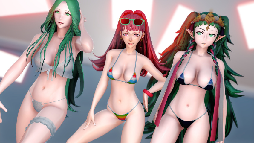 3d 3girls alternate_costume ass_visible_through_thighs bangs bikini black_bikini black_swimsuit bra breasts clenched_teeth earrings eyewear_on_head female female_only fire_emblem fire_emblem:_three_houses green_eyes green_hair hilda_valentine_goneril huge_breasts izuki large_breasts long_hair medium_breasts multicolored_bikini multiple_girls nintendo panties pink_hair pointy_ears ponytail rainbow_bikini rhea_(fire_emblem) sideboob smile sothis_(fire_emblem) sunglasses sunglasses_on_head swimsuit twin_braids underwear very_long_hair white_panties