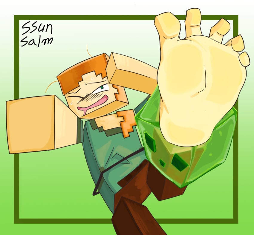 alex_(minecraft) feet foot_fetish green_eyes minecraft orange_hair slime slime_(minecraft) soles square_head ssunsalm