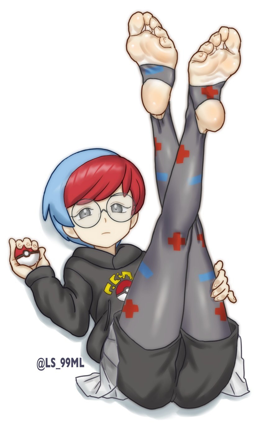 barefoot colored_hair feet feet_up foot_fetish glasses ls_99ml penny_(pokemon) pokemon pokemon_sv small_breasts soles stirrup_legwear stirrup_socks stirrups team_star toes young