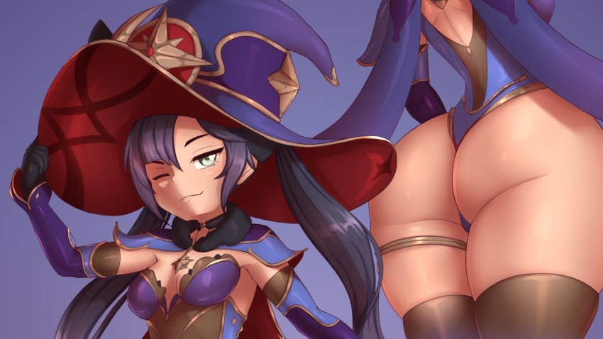 1girls ass ass_focus big_ass big_butt breasts clothed_female eye_contact female female_only fully_clothed genshin_impact hat hazeker large_ass large_butt legwear leotard looking_at_viewer mona_(genshin_impact) purple_hair solo thick_thighs thighhighs thighs twintails wide_hips witch_hat