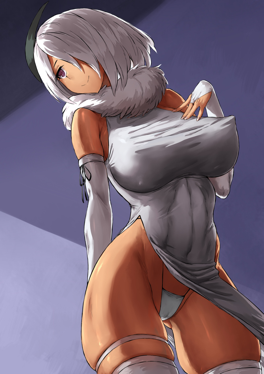 1girls absol absurdres ass_visible_through_thighs breasts bridal_gauntlets covered_nipples dark-skinned_female dark_skin dress female hair_over_one_eye haraya highleg highleg_panties highres horn humanized humanized_pokemon large_breasts navel nintendo panties pelvic_curtain pelvic_curtain_aside personification pokemon pokemon_(species) purple_eyes ribbon ribbon_trim short_hair side_slit skindentation sleeveless_dress smile thigh_strap thighhighs underwear white_dress white_hair white_legwear