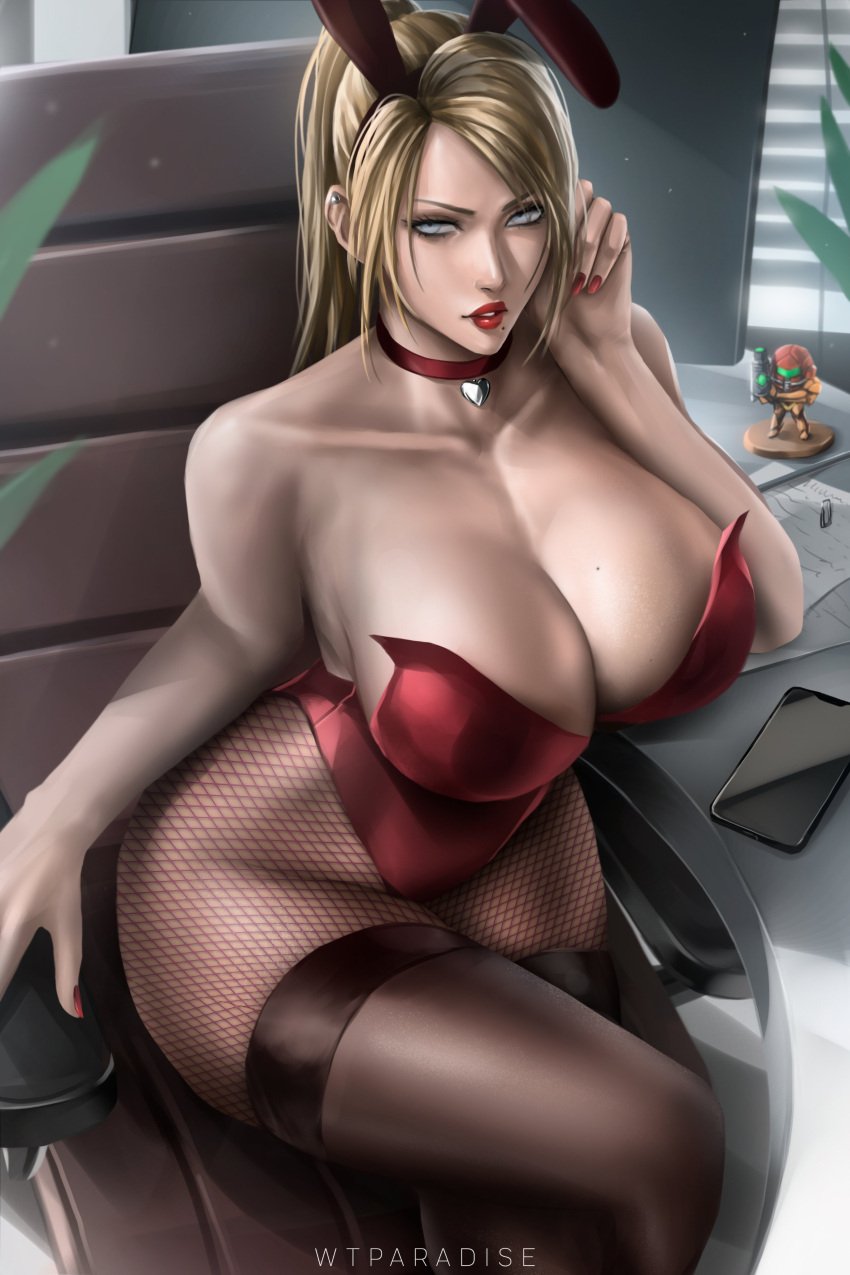 absurd_res bare_arms bare_shoulders big_breasts bimbo blonde_hair blue_eyes breasts bunny_ears bunny_girl bunnysuit cellphone choker cleavage crossed_legs fake_animal_ears female figurine fingernails fishnets hand_on_ear indoors jewelry lipstick long_hair looking_at_viewer makeup metroid mole mole_on_breast mole_under_mouth nintendo office office_chair pantyhose pierced_ears ponytail red_lipstick samus_aran thick_thighs we1cometoparadiseart welcometoparadise wtparadise