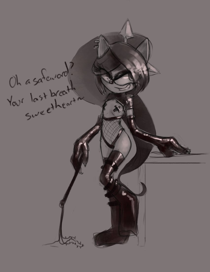 1girls anthro dominatrix elbow_gloves english_text female femdom fishnets flat_chest flogger foomdish grin latex_gloves latex_thighhighs looking_at_viewer monochrome solo sonic_(series) star_the_spineless_hedgehog taped_nipples thigh_boots