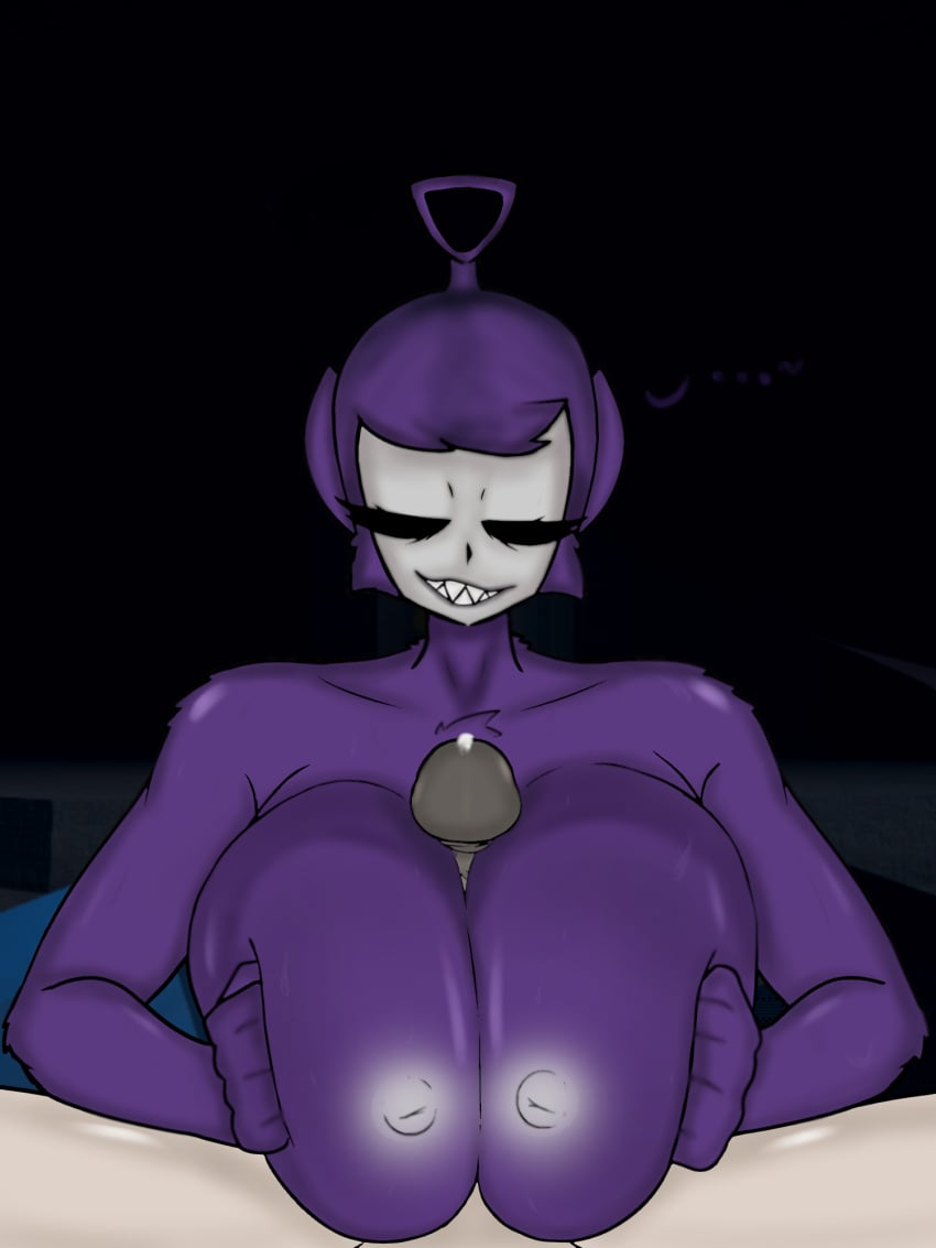 antenna anthro big_breasts chara_wantrp fluffy fur monster monster_girl rule_63 sharp_teeth slendytubbies smile squeezing_breasts teletubbies the_main_slendytubbies_cast_and_enemies tinky_winky tinky_winky_(slendytubbies)