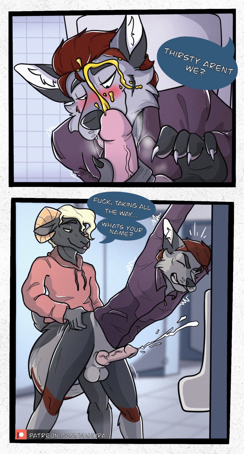 absurd_res anthro bathroom bodily_fluids bovid canid canine canis caprine caprine_demon clothed clothing comic comic_panel cum cumshot demon dialogue dialogue_box duo ejaculation genital_fluids genitals goat goat_demon hazel_(nahura) hi_res knot male male/male mammal nahura partially_clothed peeing peeing_on_another peeing_on_face penis public public_restroom public_sex sex urination urine urine_on_chest urine_stream watersports wolf