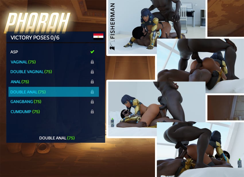 3d anal anal_sex armor armored_boots armored_gloves asp_pharah black_hair blender blizzard_entertainment brown_eyes dark-skinned_female dark-skinned_male dark_skin double_anal double_penetration egyptian egyptian_female fareeha_amari fisherman helmet_removed interracial overwatch pharah short_hair tattoo watermark