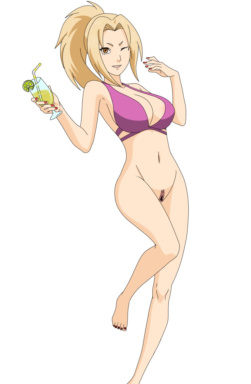 1girls aged_down almost_naked barefoot big_breasts bikini bikini_top bottomless breasts busty cleavage curvaceous curvy curvy_body curvy_figure drink drinking_glass feet female female_only fingernail_polish fireboi full_body glass holding_object huge_breasts long_hair makeup mostly_nude nail_polish naruto naruto_(classic) naruto_(series) naruto_shippuden one_eye_closed partially_clothed ponytail pussy solo solo_female solo_focus teenager tied_hair toenail_polish tsunade white_background young_tsunade