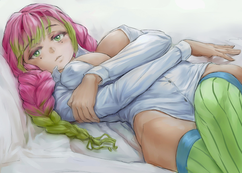 1girls 2020s 2021 absurd_res beauty_mark bed_sheet big_breasts blouse breasts cleavage collared_shirt demon_slayer erect_nipples eyelashes eyeliner eyeshadow female female_only gradient_hair green_eyes green_hair green_socks green_thighhighs hi_res iskanderednaksi kanroji_mitsuri kimetsu_no_yaiba large_breasts long_hair looking_at_viewer lying makeup mole mole_under_eye multicolored_hair no_pants on_back partially_unbuttoned pink_hair pose shirt simple_background socks solo thigh_socks thighhighs tri_braids unbuttoned unbuttoned_shirt white_shirt