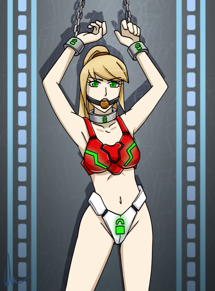 1girls arms_above_head ball_gag blonde_hair bondage bra breasts captured chains chastity chastity_belt collar cuffs female_chastity gag gagged green_eyes lock looking_at_viewer medium_breasts metroid midriff navel nintendo ponytail red_bra samus_aran sozokureed