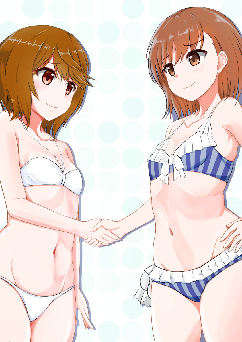 10s 2019 2girls 3535mb armpits bare_shoulders bare_thighs bikini blue_bikini blue_swimsuit brown_eyes brown_hair cleavage collarbone duo flat_chest frilled_bikini hand_on_hip hand_on_own_hip hi_res kinuhata_saiai looking_at_another matching_hair/eyes misaka_mikoto navel official_alternate_costume shaking_hands short_hair simple_background smile swimsuit teenage_girl teenager thighs to_aru_kagaku_no_railgun to_aru_majutsu_no_index white_bikini white_swimsuit young