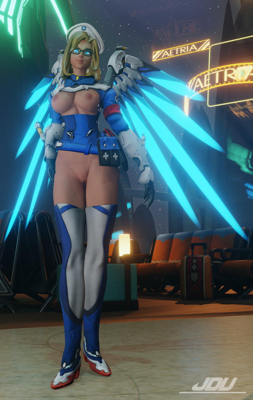 1girls 3d big_breasts blizzard_entertainment blonde_hair blonde_hair_female blue_eyes blue_eyes_female chestless combat_medic_ziegler female female_only glasses jdv looking_at_viewer mercy nipples outerwear overwatch pussy solo_female