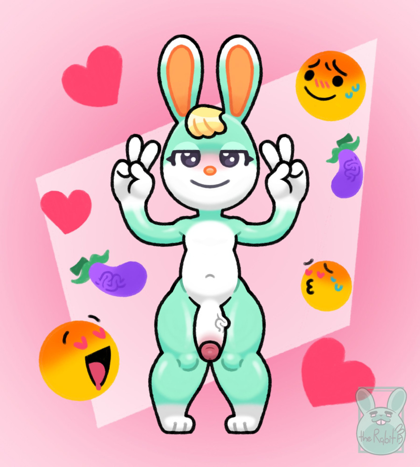 animal_crossing anthro balls blush bunny cute eggplant emoji erection furry green_fur happy heart heart-shaped_pupils looking_at_viewer male male_focus male_only naked narrowed_eyes nintendo nude peace_sign penis rabbit rabbit_ears rabbit_humanoid sasha_(animal_crossing) smiling testicles the_ornyrabi77 therabit veiny_penis