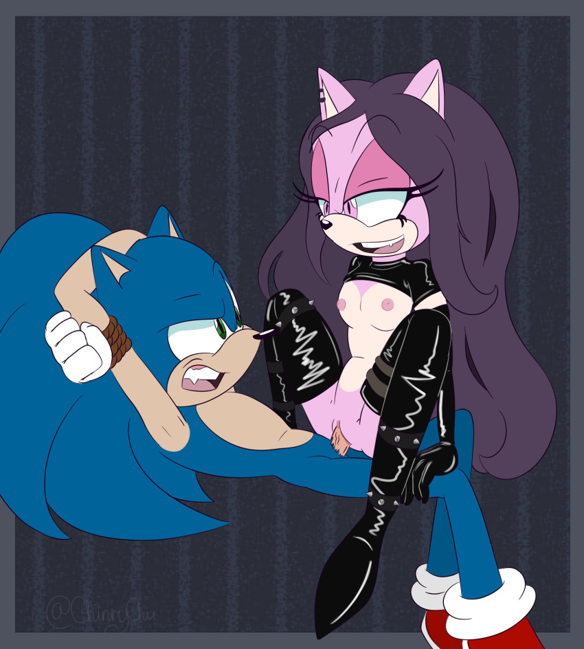 bondage chinry cowgirl_position elbow_gloves femdom hands_behind_head happy_female latex latex_boots latex_gloves latex_suit looking_at_another loose_hair rape sonic_(series) sonic_the_hedgehog spiked_boots star_the_spineless_hedgehog thigh_boots tied_hands tied_up unhappy_male vaginal_penetration