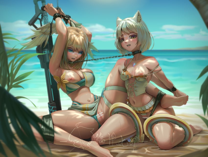 17yunzi absurdres animal_ear_fluff animal_ears armpits arms_up bar_censor bare_shoulders barefoot beach bikini bikini_aside bikini_skirt blonde_hair blue_bikini blue_eyes blue_sky bondage bound bound_arms breasts brown_eyes captured cat_ears censored chained chains chest_jewel clenched_teeth clothing_aside collar collarbone day eunie_(xenoblade) full_body grey_hair gun h.an_(516635864) head_wings highres kneeling large_breasts layered_bikini leaning_back linked_collar long_hair looking_at_viewer mio_(xenoblade) multi-strapped_bikini navel nipple_slip nipples ocean outdoors parted_lips pussy sarong short_hair signature sitting skindentation sky small_breasts spread_legs stomach strap_slip swimsuit teeth thigh_strap water weapon white_bikini xenoblade_(series) xenoblade_chronicles_3