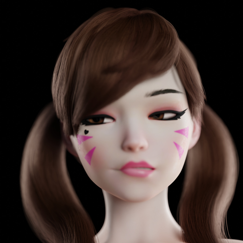 3d aretikos biting_lip blender brown_hair close-up crop_top d.va flirting flirting_look horny horny_female mascara only_female overwatch pigtails