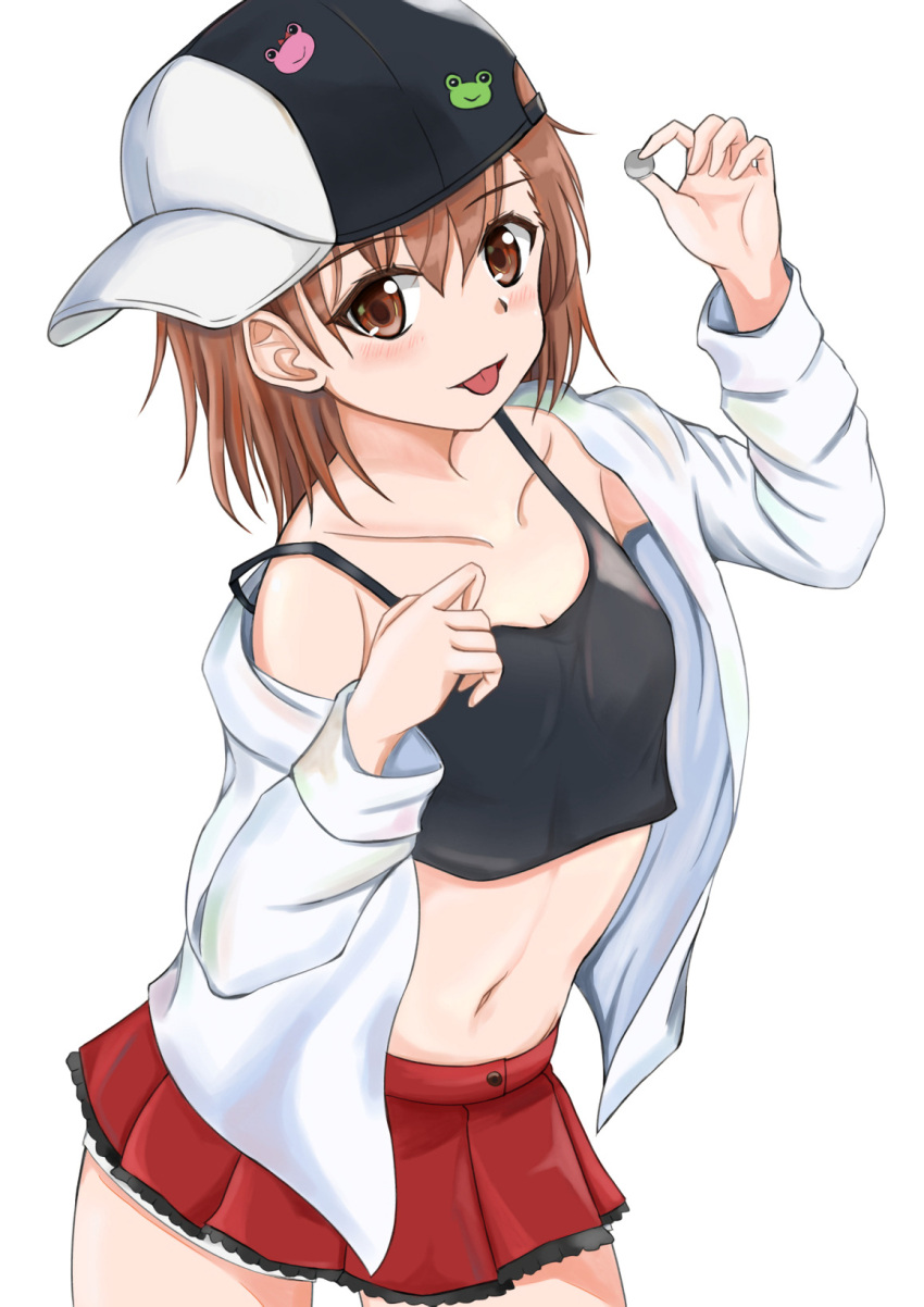 10s 1girls 2019 3535mb bare_shoulders black_tank_top blush breasts brunette cap casual cleavage clothed coin collarbone female flat_chest gekota hi_res holding_coin holding_object looking_at_viewer midriff miniskirt misaka_mikoto navel red_miniskirt small_breasts solo tank_top teenage_girl teenager to_aru_kagaku_no_railgun to_aru_majutsu_no_index tongue_out white_background young