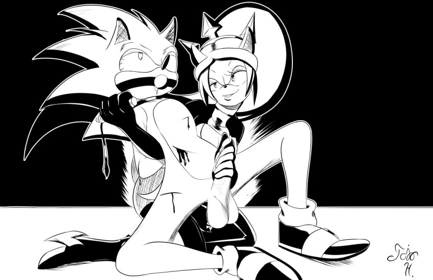 anthro ball_gag blood collar cuts femdom gloved_handjob handjob jojo_hernandez monochrome sonic_(series) sonic_the_hedgehog star_the_spineless_hedgehog