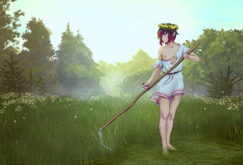 1girls 2020s 2022 absurd_res areolae bare_shoulders bare_thighs barefoot black_hair breasts collarbone day female flower_crown forest full_body grass grey_eyes hair_flower hair_ornament hi_res iskanderednaksi multicolored_hair nature nipples no_bra outdoors red_hair ruby_rose rwby scythe short_hair silver_eyes sky slavic slavic_mythology small_breasts solo standing teenage_girl teenager thighs toes weapon young