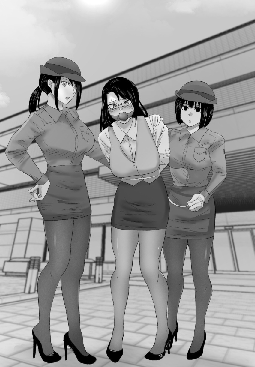 3girls arms_tied_behind_back arrest ball_gag black_hair breasts building clouds gag gagged glasses halo-prisoner hat high_heels large_breasts long_hair medium_hair monochrome office_lady original outside pantyhose pencil_skirt police police_hat police_uniform policewoman ponytail rope rope_bondage secretary shirt sidewalk skirt sky vest white_shirt