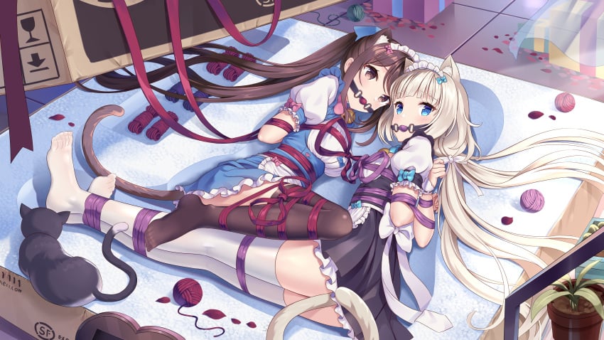 2girls arms_behind_back ball_gag bed bells blue_eyes bondage bound bound_together brown_eyes brown_hair cat_ears cat_tail catgirl catgirls chocola_(sayori) clothed cute feet feline female female_only gag gagged highres in_bed inner_ear_fluff looking_at_viewer lulu_001m maid maid_uniform medium_breasts multiple_girls nekopara rope small_breasts thighs tied_up vanilla_(sayori) very_long_hair white_hair