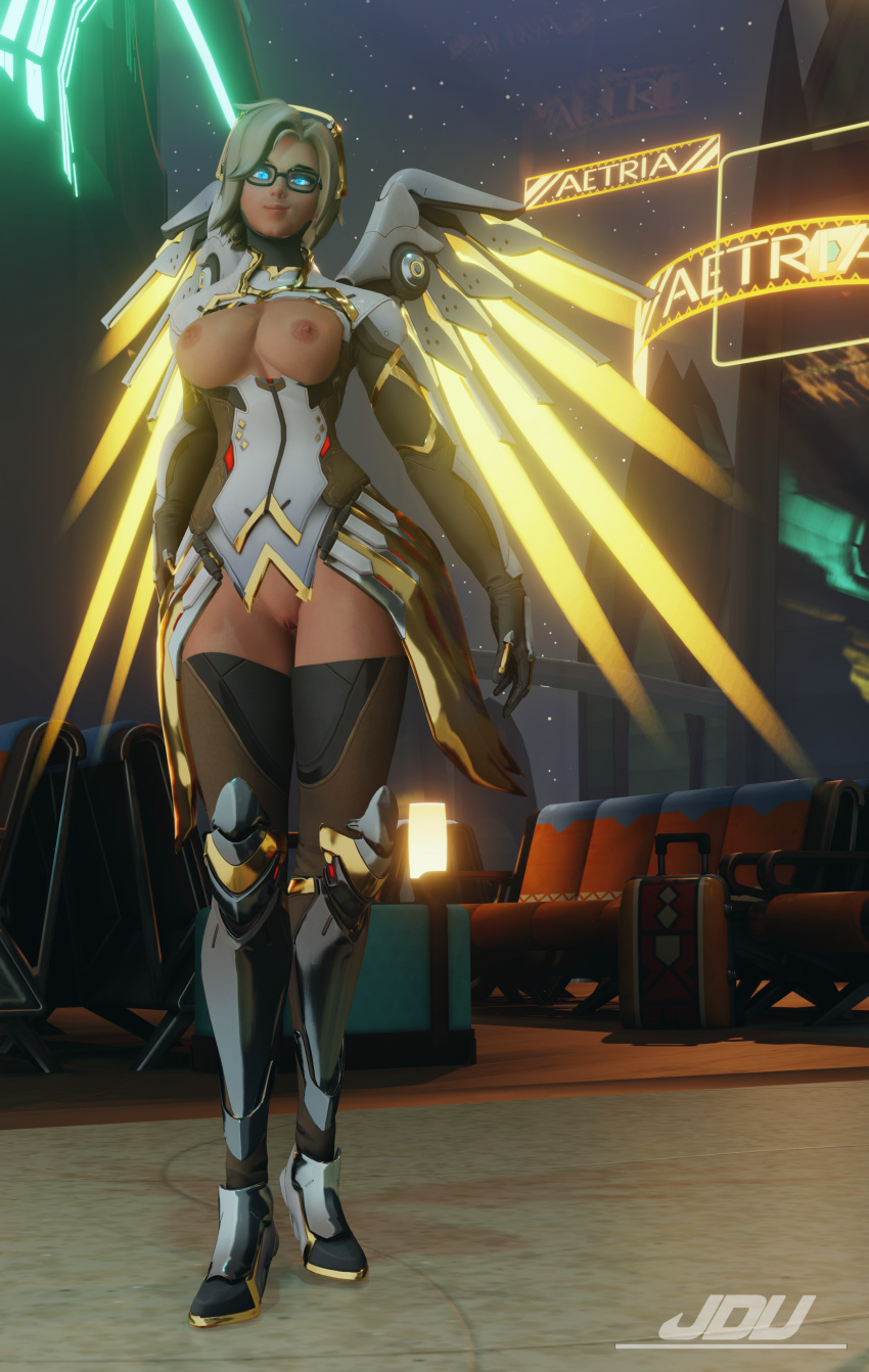 1girls 3d big_breasts blizzard_entertainment blonde_hair blonde_hair_female blue_eyes blue_eyes_female chestless female female_only glasses jdv looking_at_viewer mercy nipples outerwear overwatch overwatch_2 pussy solo_female