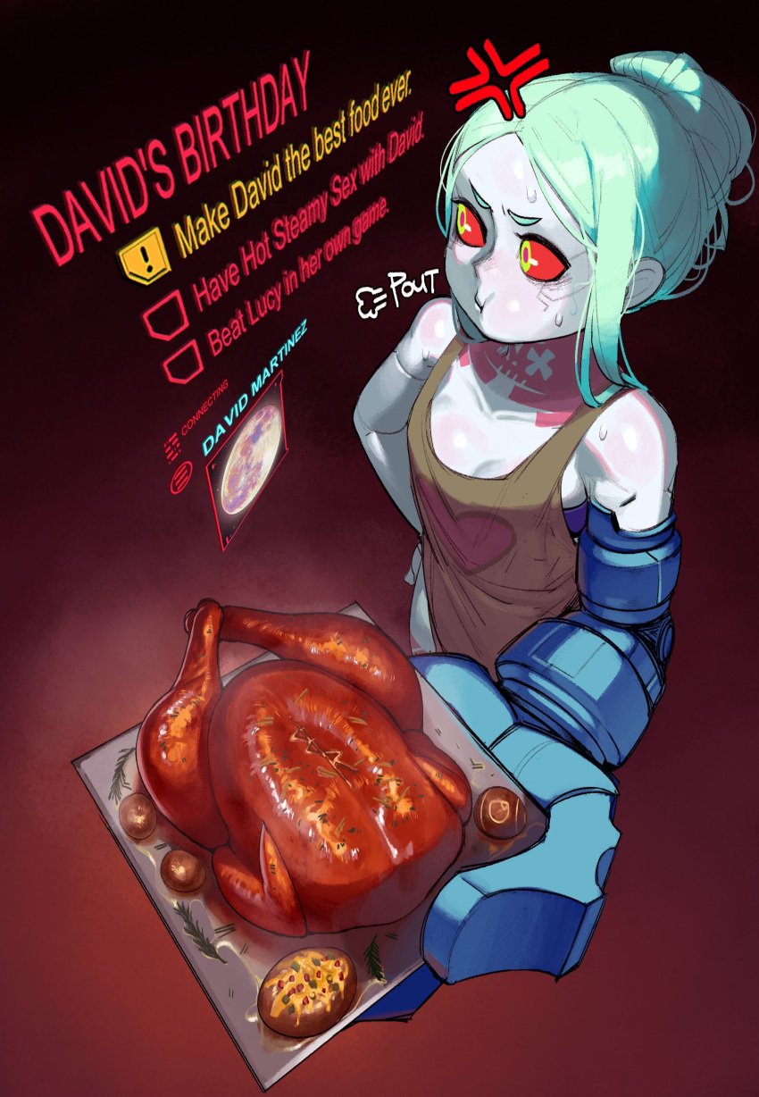 1girls angry angry_face apron apron_only casual cd_projekt_red chicken cleavage cooking cute cute_face cyberpunk:_edgerunners cyberpunk_2077 female female_only food green_hair housewife human imminent_eating krekk0v netflix outerwear pale_skin rebecca_(edgerunners) red_sclera small_breasts solo studio_trigger unusual_pupils wholesome